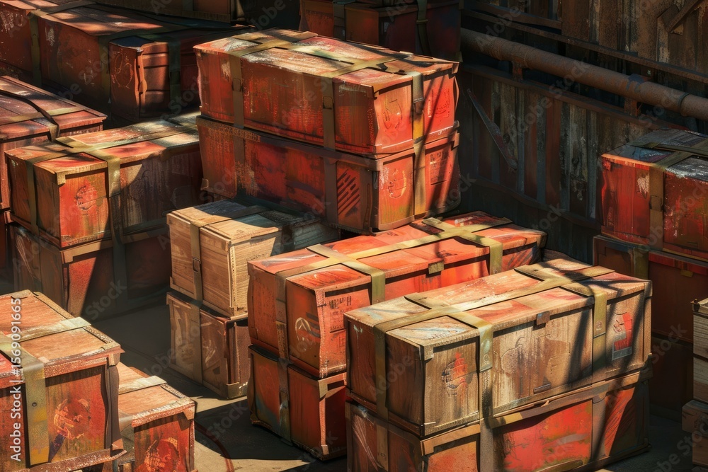 Aufkleber numerous weathered wooden crates secured with straps are stored within a warehouse, creating a scene