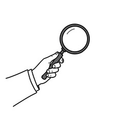 Hand holding magnifying glass in simple line art style  