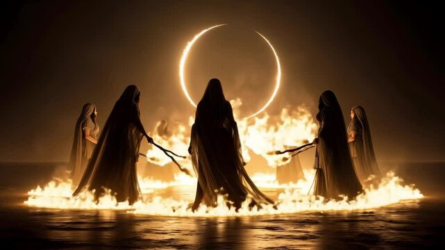 A group of women standing in front of a crescent moon holding torches