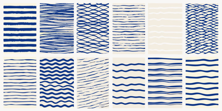 Collection of abstract blue and cream striped and wavy patterns