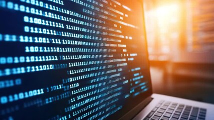 Digital code displayed on a laptop screen in a modern workspace. - Powered by Adobe