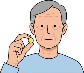 Senior man holds a yellow medication pill, representing health, aging, wellness, and taking vitamins for healthy lifestyle.