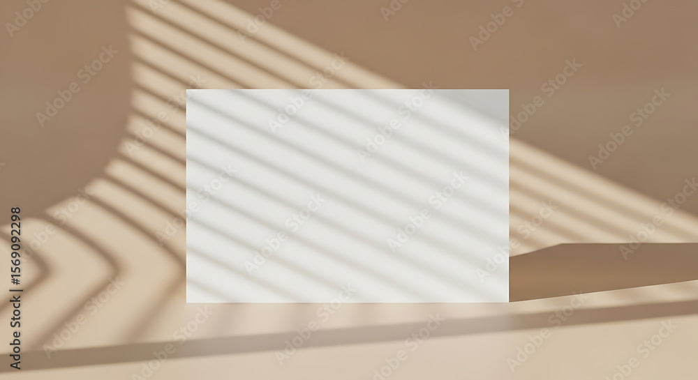 Poster minimalist blank white card displays sunlit window shadows on soft tan wall creating subtle texture