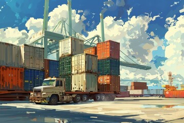 Semi truck is transporting cargo containers at a bustling port, with large cranes and stacks of containers in the background