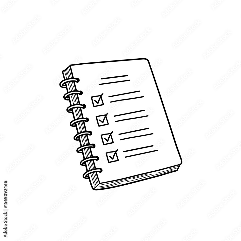 Poster spiral-bound notebook with checklists in black and white illustration