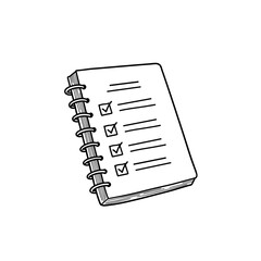 Spiral-bound notebook with checklists in black and white illustration  