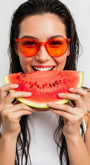 Young woman with long dark hair wearing orange sunglasses is joyfully holding a slice of watermelon, showcasing a vibrant summer mood and refreshing fruit enjoyment