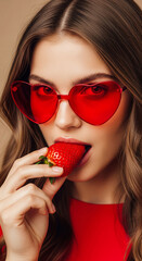 Young woman with long hair wearing heart-shaped red sunglasses is playfully biting a fresh strawberry, showcasing a vibrant and playful lifestyle with a bold fashion statement