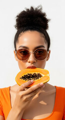 Young woman with curly hair wearing sunglasses holds a ripe papaya in front of her face, showcasing vibrant colors and a fresh, tropical vibe in a bright setting