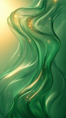 Abstract green waves cascade in a mesmerizing dance of light and shadow, speckled with golden sparks, evoking natural beauty.