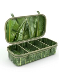 Exotic Treasure: Open Container with Green Banana Leaves Displaying Nature's Art