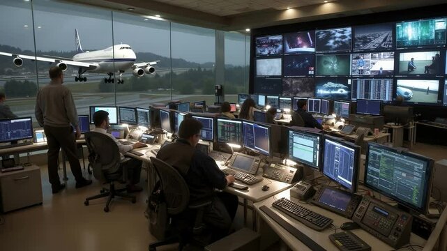 A group of people sitting at desks in front of multiple monitors