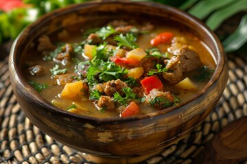 Traditional homemade meat and vegetable soup with fresh parsley served in wooden bowl