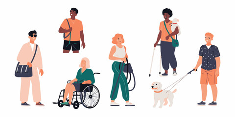 Diverse group of people with disabilities and service animals enjoying outdoor activities