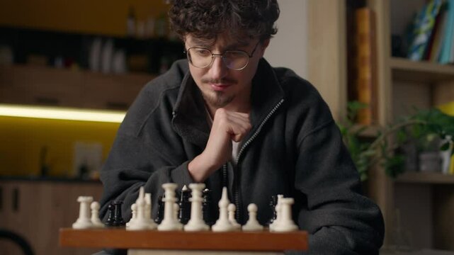 Focused Hispanic guy player playing chess mind game at home hipster look chessboard thinking brainstorm strategy grandmaster male practicing for tournament intellectual sport man moving bishop piece
