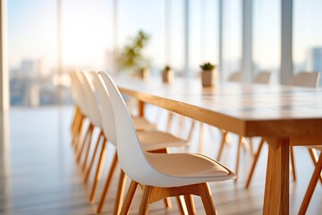 Modern boardroom with empty chairs awaiting a meeting in a high-rise office setting
