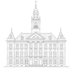 Classic architectural drawing of historic town hall building  