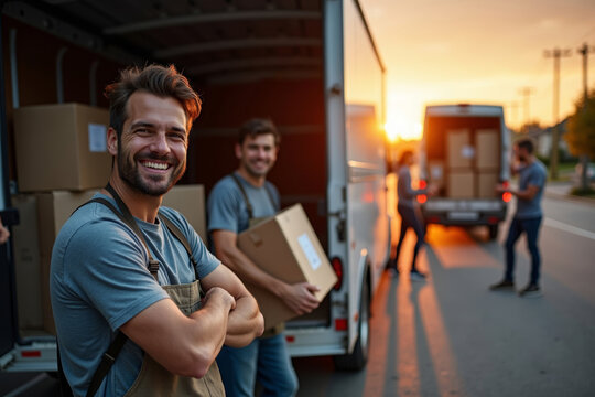 to be professional card players on a pile of boxes in the moving van, furniture peeking out in the background