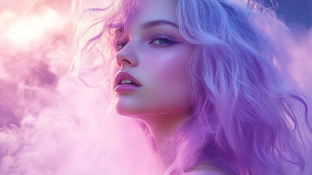 A woman with pastel lavender hair and purple smoke
