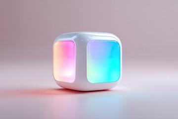 Futuristic glowing cube emitting vibrant colors on a pastel background, digital art