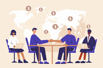 Diverse business people shaking hands over a table with a world map and dollar signs