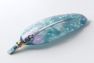 Futuristic feather pen with integrated circuit, representing the intersection of nature and technology