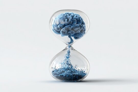 Time is Brain: Conceptual Image of Brain-Shaped Object Inside Hourglass with Blue Sand