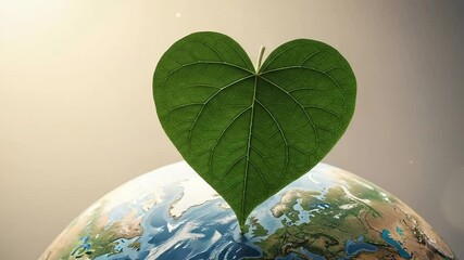 Heart-shaped leaf on globe symbolizing love and nature care