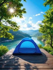 Summer adventure travel: a car on a mountain road with a tent and camping equipment in a green forest landscape