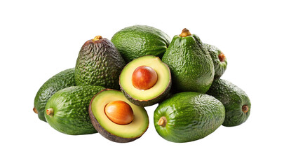 Pile of Fresh Green Avocados with Some Cut in Half for Display