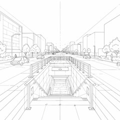Urban streetscape illustration featuring subway entrance and buildings  