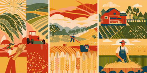 Stylized triptych depicting rural farming scenes with farmers and tractors