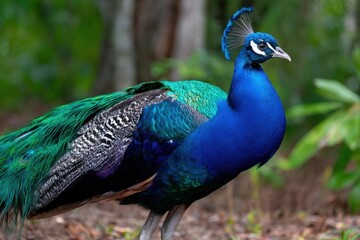 Fototapeta premium Stunning peacock displays vibrant plumage in lush forest surroundings under soft sunlight