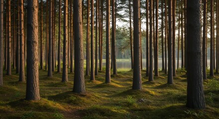Fototapeta premium Sunlit Pine Forest Path, Serene Nature Scene