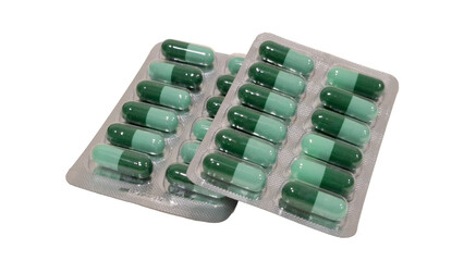 Medicine on white background, Close-up, Top view, Side view, Pile of supplements, Sachet, Green...