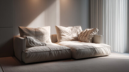 Cozy beige sofa with soft cushions in modern living room  