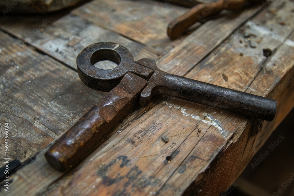 Poster rusty vintage tool lying on a wooden workbench, showing signs of age and use in a workshop environme