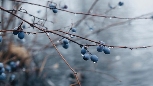Close-up of a branch of a tree with small blue berries on it. the branch is covered in water droplets, indicating that it has recently rained.