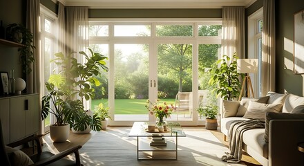 Bright living room with large windows overlooking a lush green garden, filled with plants and natural light.