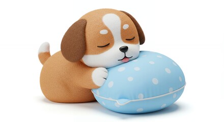 Cute cartoon dog figurine sleeping on a blue pillow