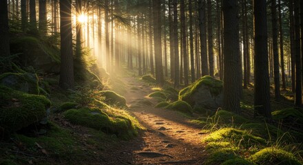 Naklejka premium Sunbeams through Majestic Forest Trail