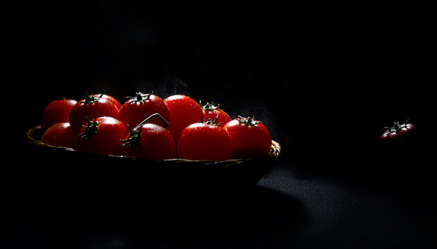 A cluster of shiny red objects, possibly tomatoes or decorative spheres, arranged on a dark surface with dramatic lighting highlighting their glossy texture and vibrant color