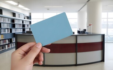 Hand Holding a Light Blue Card in a Modern Library Setting