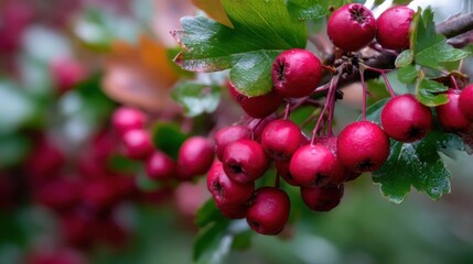 Obraz premium Close-up of a bunch of red berries on a tree branch. the berries are clustered together and appear to be ripe and ready to be picked.