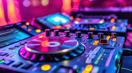 Close-up View of DJ Equipment with Colorful Lights and Vibrant Atmosphere in Nightclub Setting Perfect for Music and Party Themes