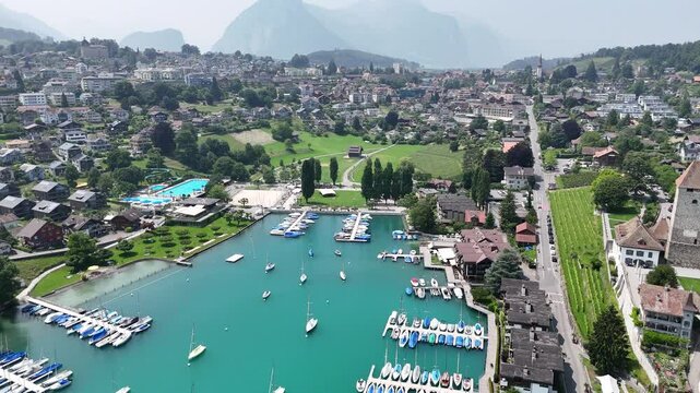 Harbour Spiez Town on lake Thun Switzerland drone aerial