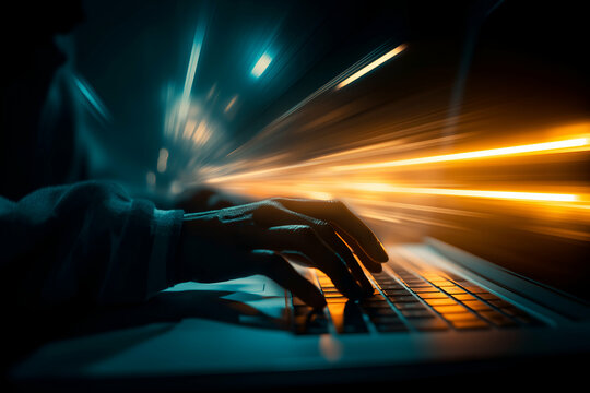 Typing on Laptop with Abstract Light Trails Emphasizing Speed and Connectivity, motion blur Business concept, motion bokeh background