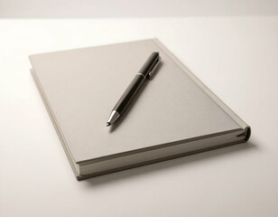 Minimalist photo of a closed gray notebook with a black pen resting on it, placed on a clean white background.