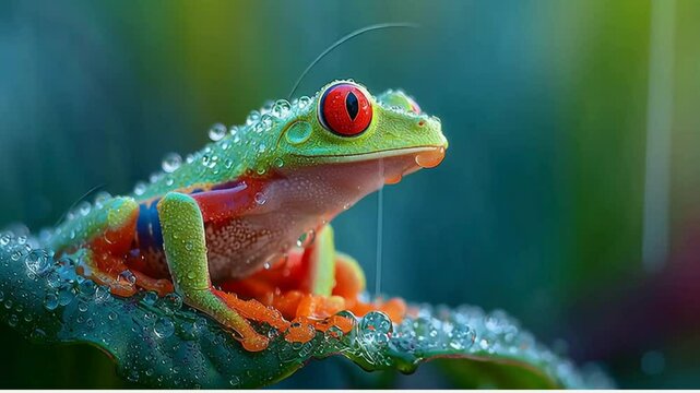 Red-eyed tree frog on a green leaf, a vibrant and cute tropical amphibian in nature with colorful macro eye