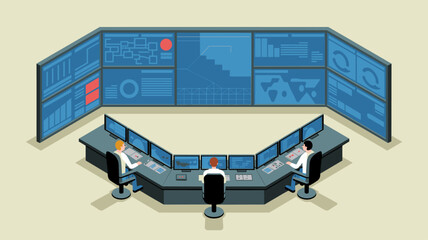 operators in a command center monitoring data on multiple screens, isometric vector illustration for an industrial control room, process monitoring and system surveillance